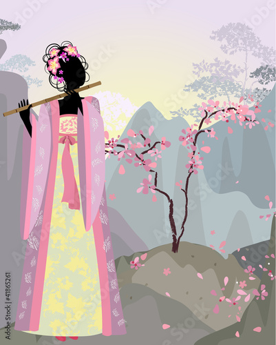 Board z aluminiowym obramowaniem Piękna dziewczyna kimono pod sakura