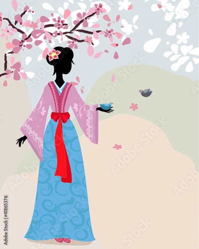 Board z aluminiowym obramowaniem Piękna dziewczyna kimono pod sakura