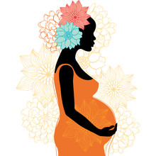 Silhouette Of Pregnant Woman With Flowers. Vector Illustration.