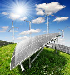 Wall Mural - solar energy panels and wind turbine