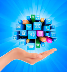 abstract colorful background with icons and hand