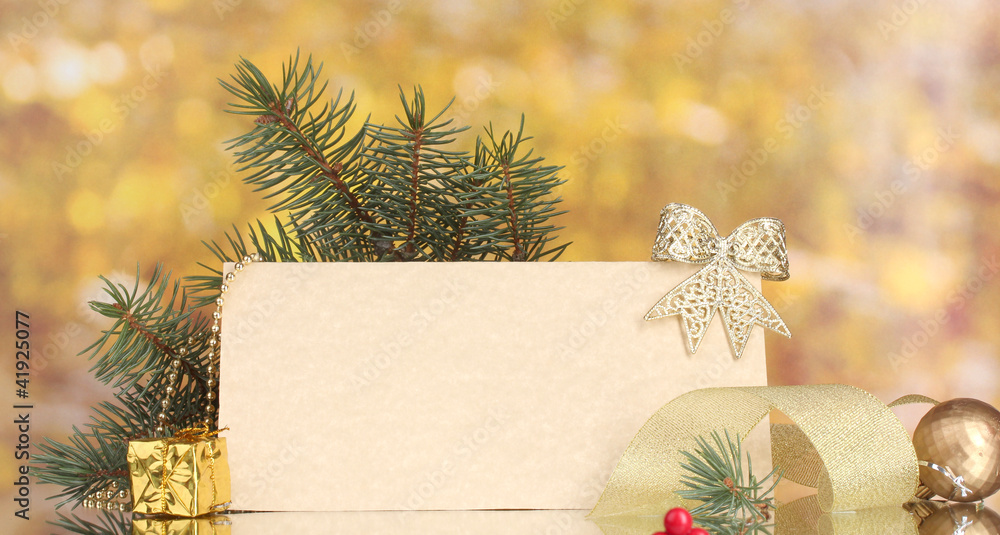blank postcard, Christmas balls and fir-tree