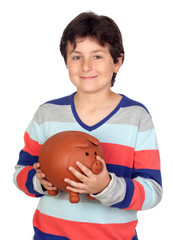 Canvas Print - Adorable boy with a big piggy-bank