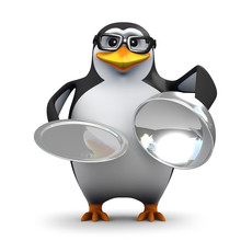 3d Penguin In Glasses Opens A Silver Platter