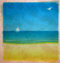 Watercolor Beach With Sea And White Yacht On The Horizon With Bi