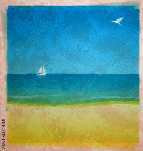 Fototapeta do kuchni watercolor beach with sea and white yacht on the horizon with bi