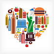 New York love - heart shape with many vector icons