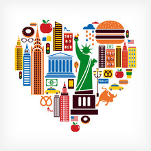 New York Love - Heart Shape With Many Vector Icons