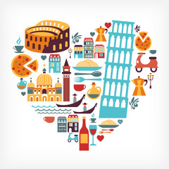 Italy love - heart shape with vector icons