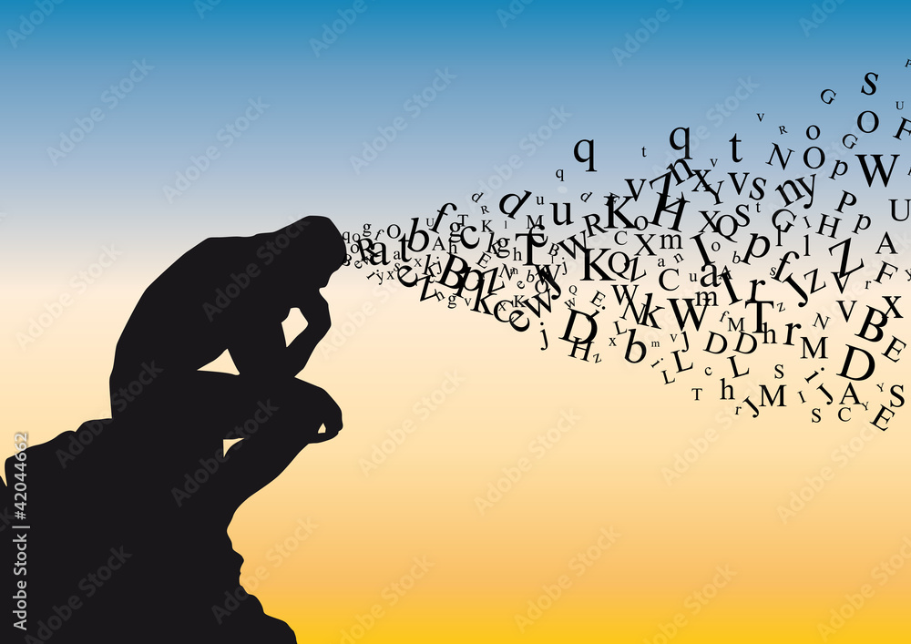 Concept de la réflexion avec symboliquement des lettres de l'alphabet qui s’échappent de la tête d’un homme qui médite dans la position du penseur de Rodin. - obrazy, fototapety, plakaty 