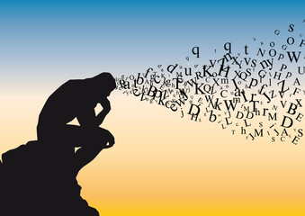 Concept de la réflexion avec symboliquement des lettres de l'alphabet qui s’échappent de la tête d’un homme qui médite dans la position du penseur de Rodin.