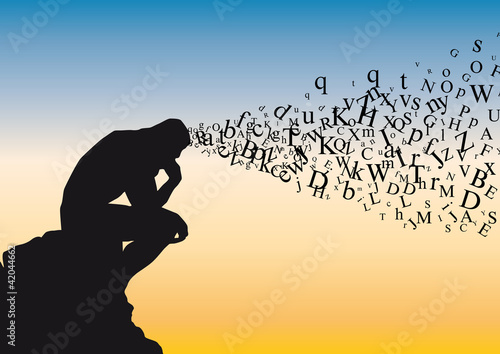 Fotografía Concept de la réflexion avec symboliquement des lettres de l'alphabet qui s’échappent de la tête d’un homme qui médite dans la position du penseur de Rodin