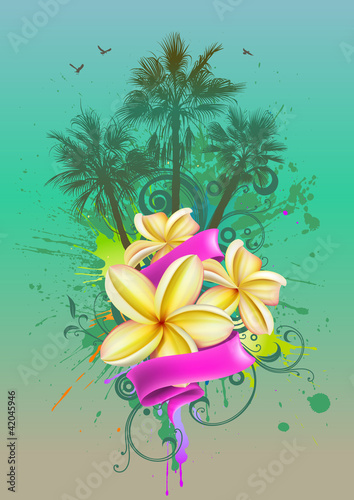 Obraz na płótnie canvas czteroczęściowy "tetraptyk" Tropikalny tło z kwiatami plumeria i palmy