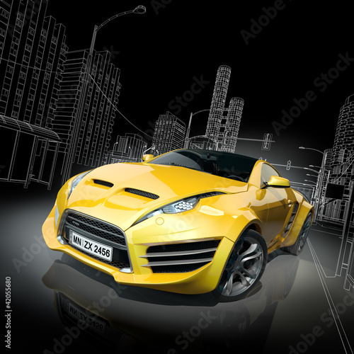 Naklejka - mata magnetyczna na lodówkę Yellow sports car. Original car design.