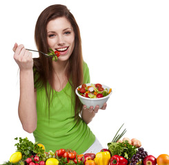 Wall Mural - Woman with salad isolated on white