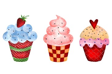 Wall Mural - Set of cupcake. Watercolors on paper