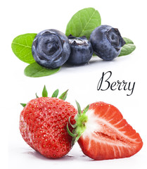 Wall Mural - Blueberries and strawberry isolated on white background, closeup