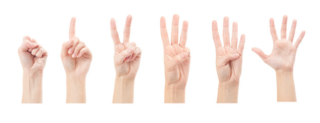 Counting woman hands (1 to 4) isolated on white background