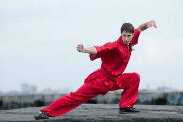 Wall Mural - Wushoo man in red practice martial art