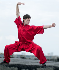 Wall Mural - Wushoo man in red practice martial art