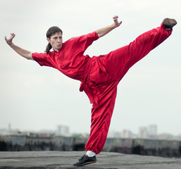 Wall Mural - Wushoo man in red practice martial art