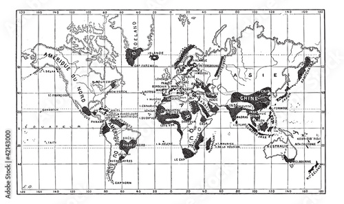 Fotografía Map of the Geographical Occurence of Leprosy, vintage engraving