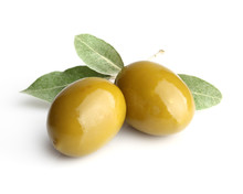 Two Green Olives With Leaves