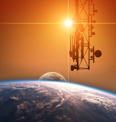 Wall Mural - communication tower space, with planet and rising sun