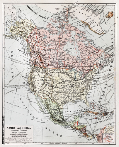 Board z aluminiowym obramowaniem Vintage mapa polityczna Ameryki Północnej na początku 1900 roku