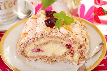 Wall Mural - meringue swiss roll with cherry and almonds