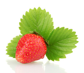 sweet ripe strawberry with leaves isolated on white