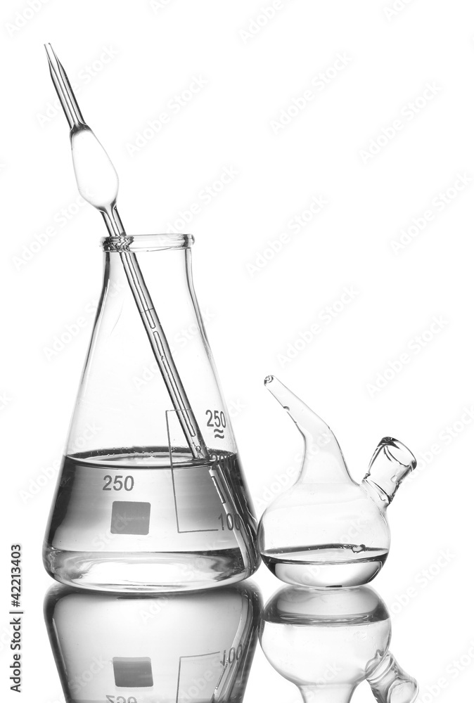 Flask and Schuster's dropper with water and reflection isolated