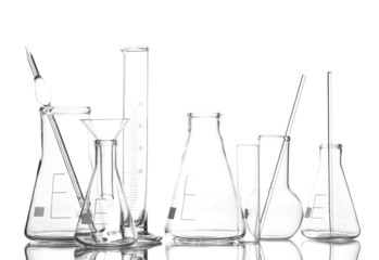 Wall Mural - Empty laboratory glassware with reflection isolated on white