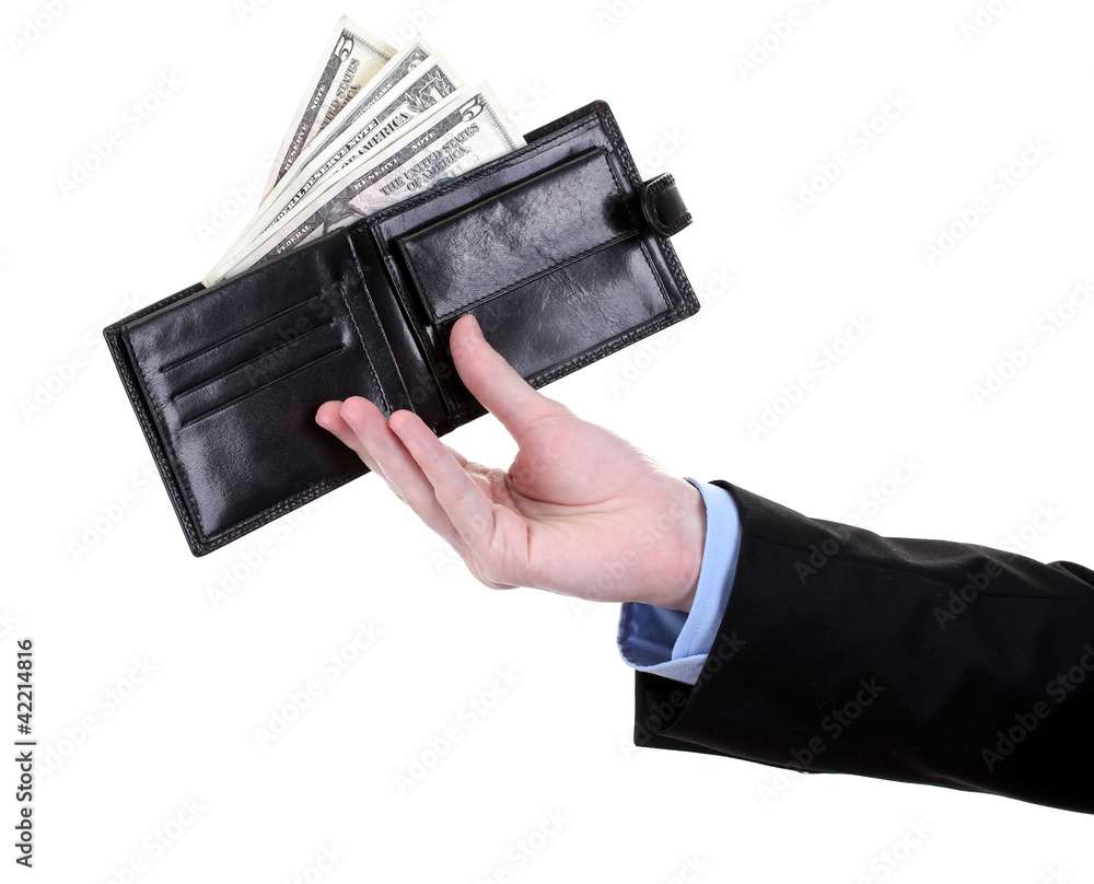 business man hand holding wallet isolated on white