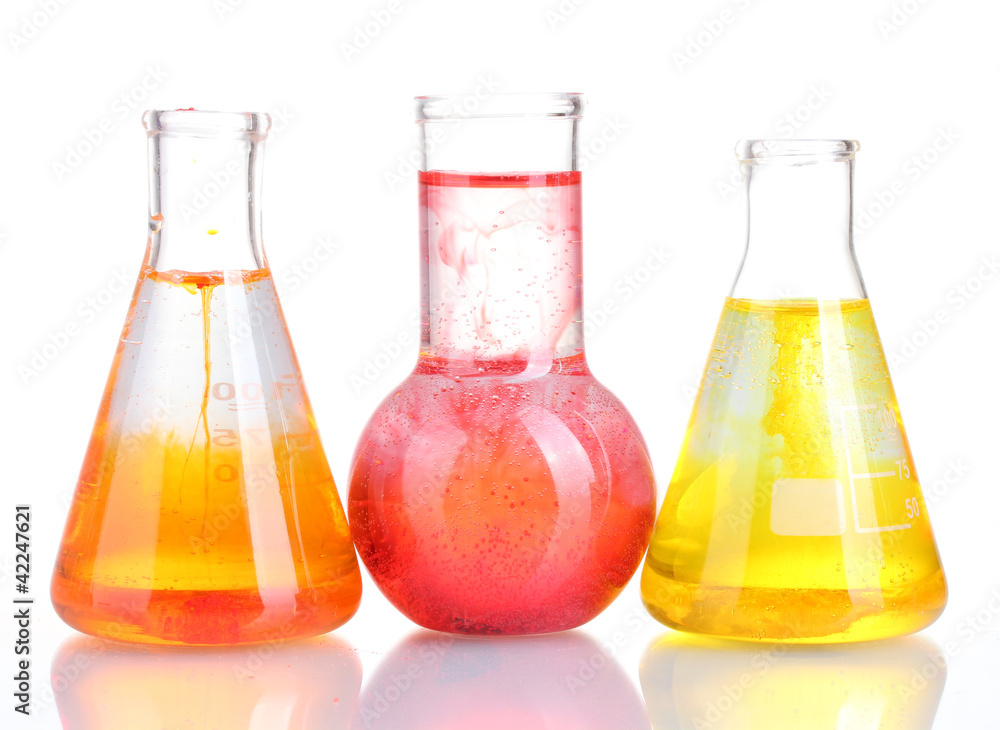 brightly ink in a flask with water isolated on white