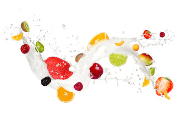 Wall Mural - Fruit mix in milk splash, isolated on white background