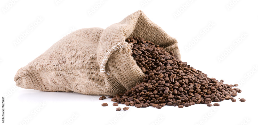 Obraz na płótnie Burlap sack full of coffee beans isolated on white w salonie