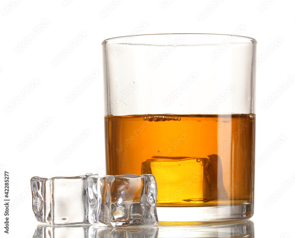 glass of whiskey and ice isolated on white