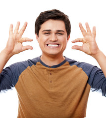 Wall Mural - Smiling man at white background isolated.