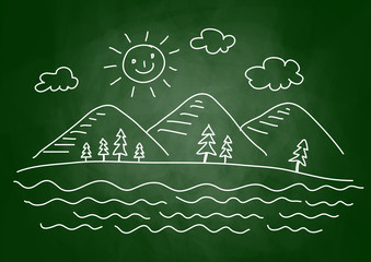 Drawing of landscape on blackboard