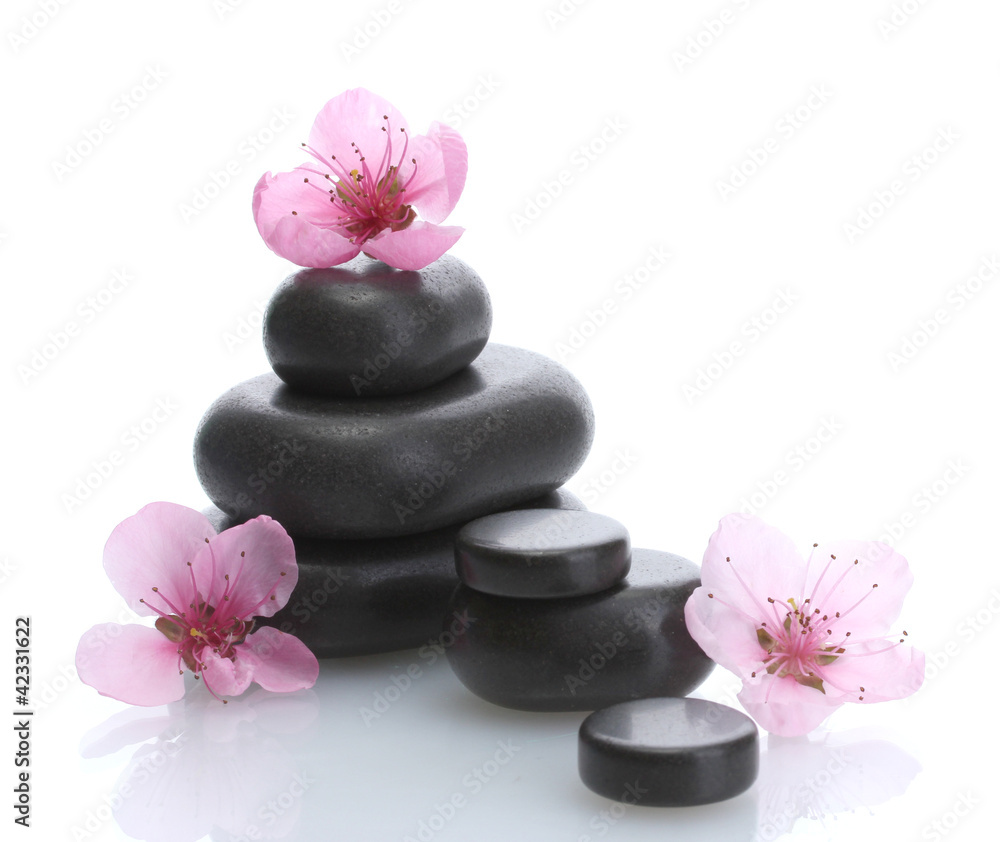 Spa stones and pink sakura flowers isolated on white.