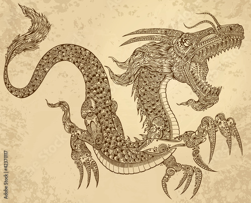 Obraz na płótnie canvas dwuczęściowy "dyptyk" Tatuaż henną tribal dragon doodle szkic wektor