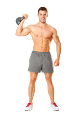 Wall Mural - Full body of muscular man exercising with dumbbell on white