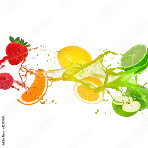 Naklejka na szybę Colorful splash with fruit isolated on white