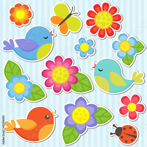 Obraz w ramie Set of flowers and birds