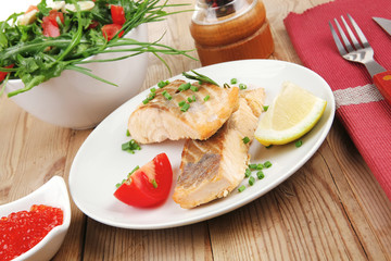 Poster - baked salmon strips with green vegetable salad and tomatoes