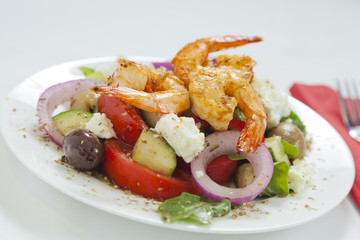 Wall Mural - Greek salad with piri piri shrimps