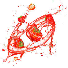 Strawberries In Splash, Isolated On White Background
