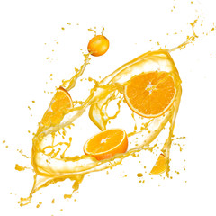 Poster - Oranges in juice splash, isolated on white background