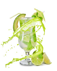 Fototapete - Mojito drink with splash, isolated on white background